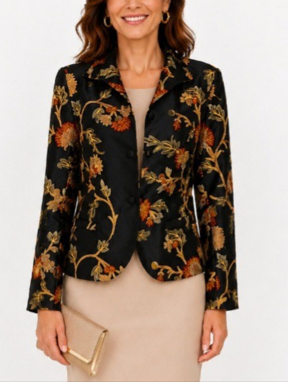 Connie Roberson 100% Silk Embroidered Jacket Blazer Black Floral Art to Wear M